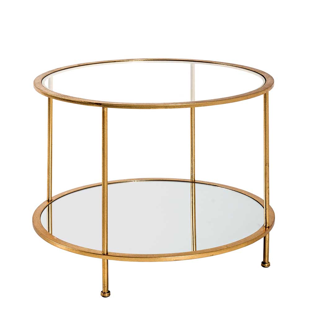Runder Wohnzimmer Tisch mit Glas & Spiegelglas & Metallgestell in Gold Alisa