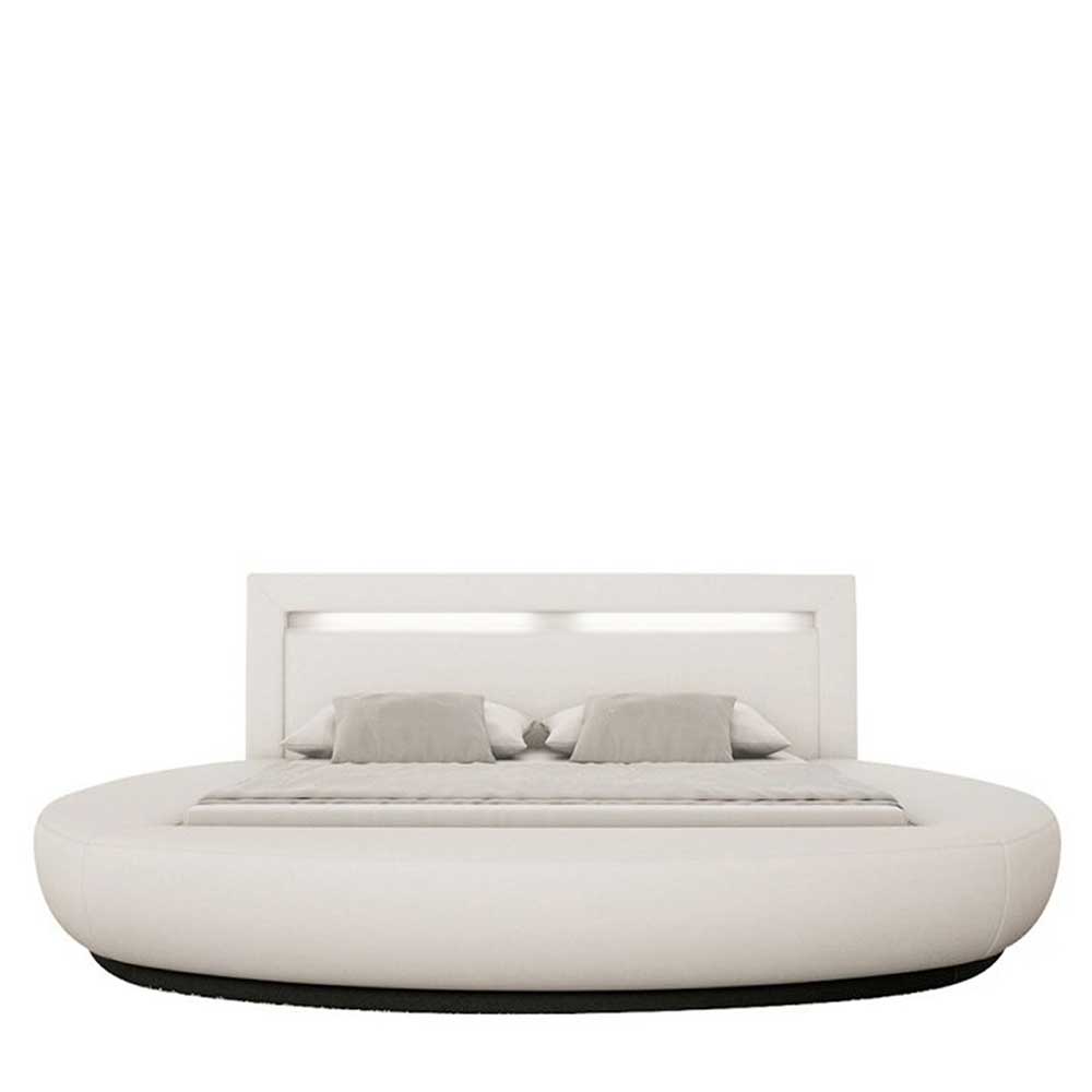 Rundes Bett mit Quadrat Liegefläche in Weiß Kunstleder mit LED Licht Lyrono