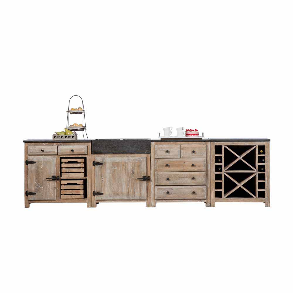 Rustikale Küchenzeile aus Recyclingholz Kiefer & Naturstein 313cm breit Ashvills