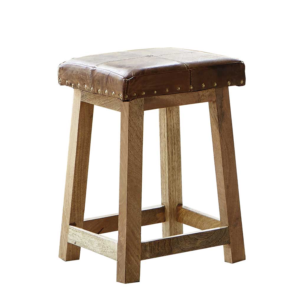 Rustikale Sitzhocker aus Holz & Leder in Braun - 35x50x35 Avenzas