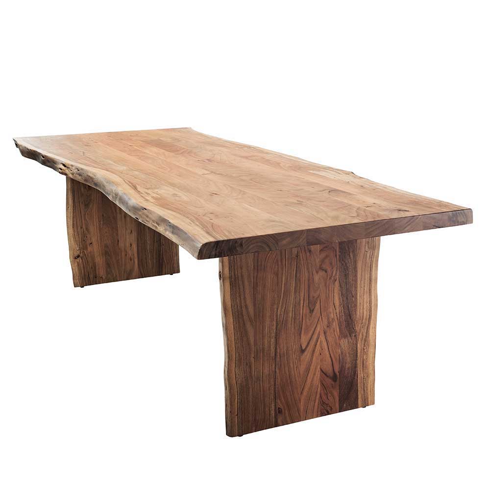 Rustikaler Holztisch mit Wangen Gestell & Naturkante aus Akazie Imna