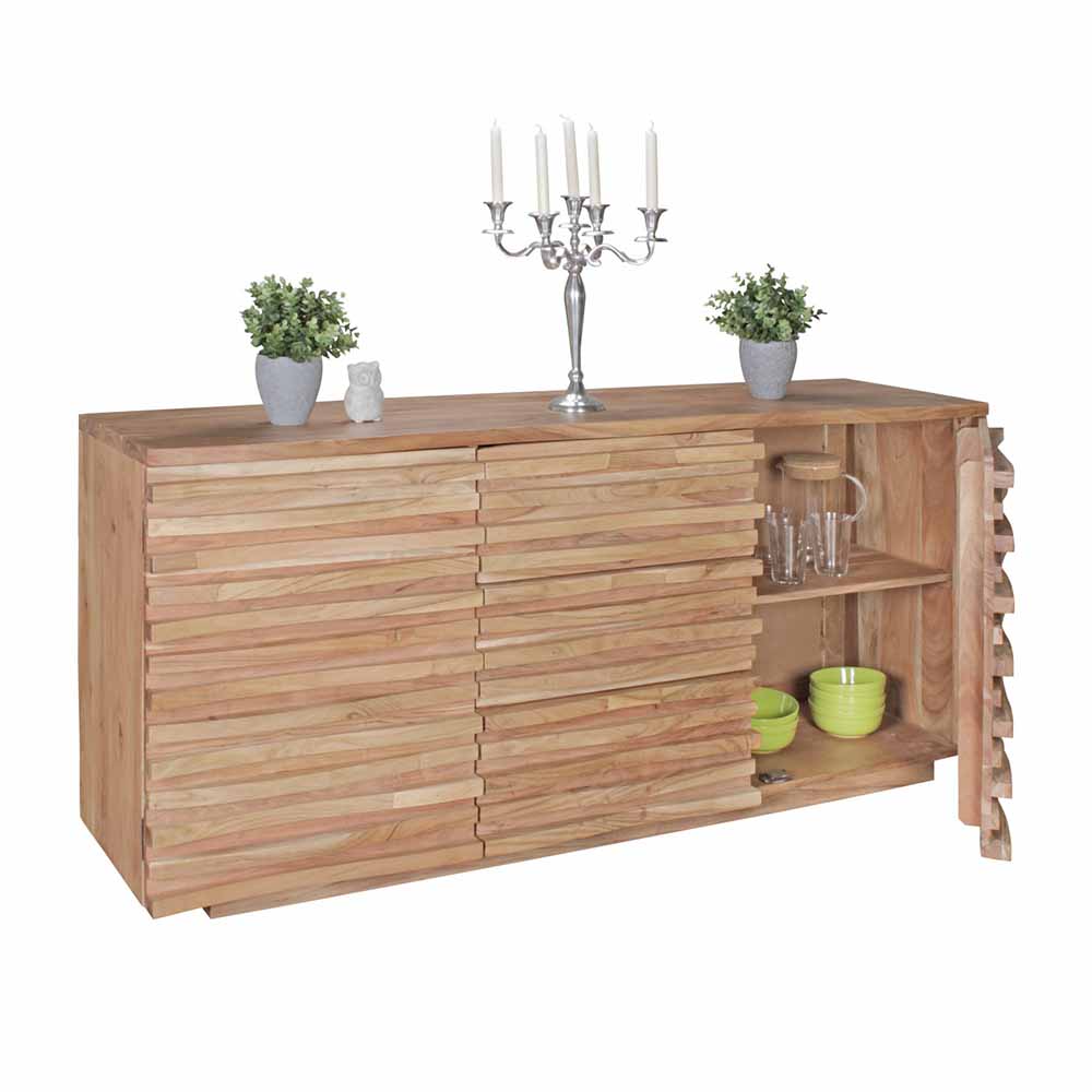 Rustikales Design Sideboard Holz Akazie massiv drei Schubladen zwei Schrankfächer Pisino