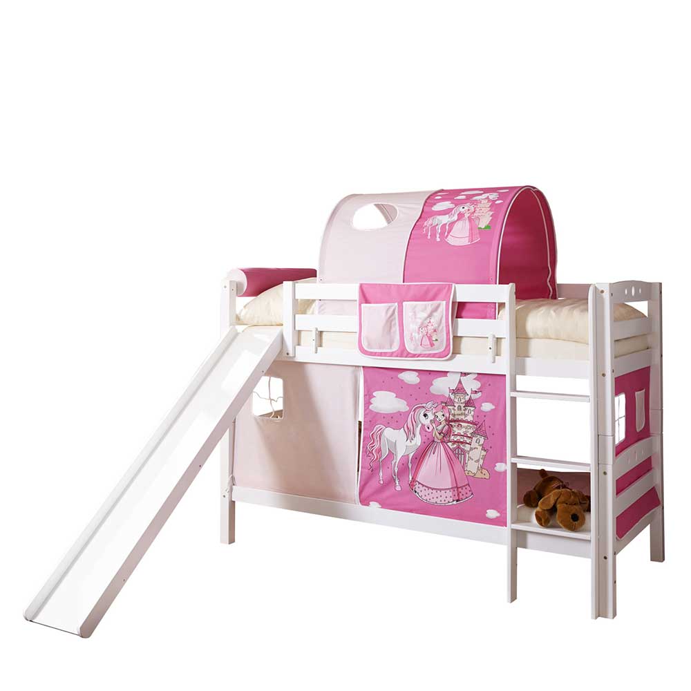Rutsche Etagenbett für Mädchen in Weiß Buche mit Motiv Stoff Pink Trevora