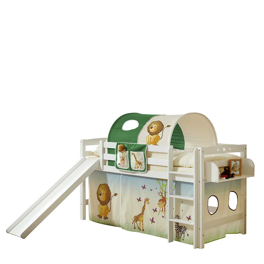 Rutsche Kinderzimmer Hochbett in Weiß mit mehrfarbigem Stoff Tiere Clebertus