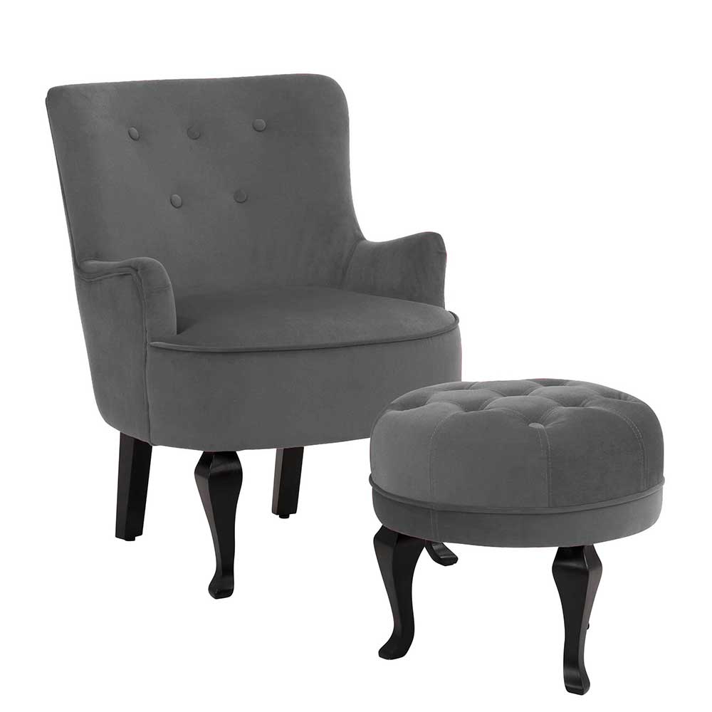 Samt Sessel & Fußhocker in Grau mit schwarzen Holzbeinen Pauly
