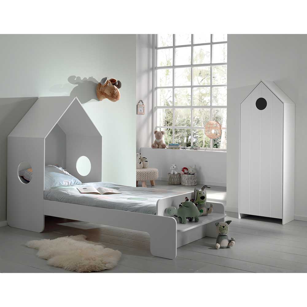 Scandi Kinderzimmer Set in Weiß mit Haus Bett & Schrank Indefiva