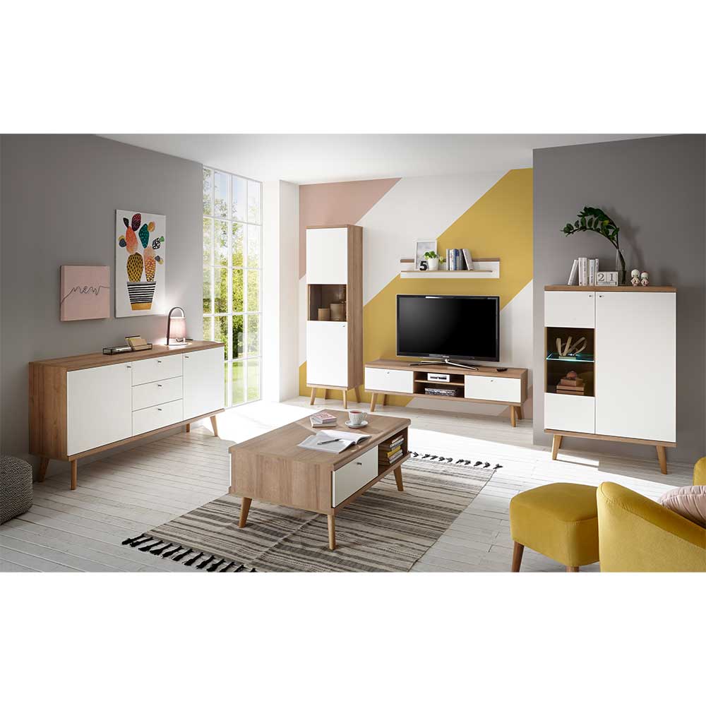 Scandi Wohnzimmer Einrichtung Set - zweifarbig - Weiß & Eiche Cablos I