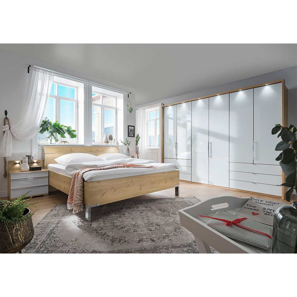 Schlafzimmer in Eiche Bianco & Weiß - Bett & Nachttisch & Schrank Nuetran