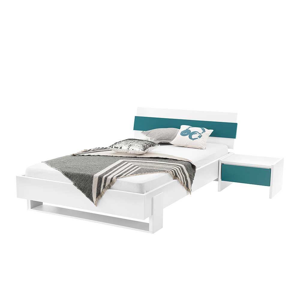 Schlafzimmer-Möbel Kombi Bett und Nachtkonsole Weiß mit Petrol Norella