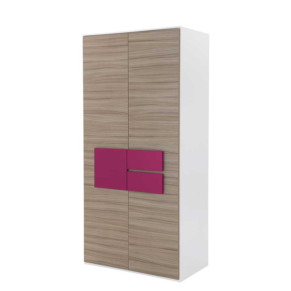 Schlafzimmerschrank Holzdekor Front mit Pink Korpus Weiß 2-türig Oedo