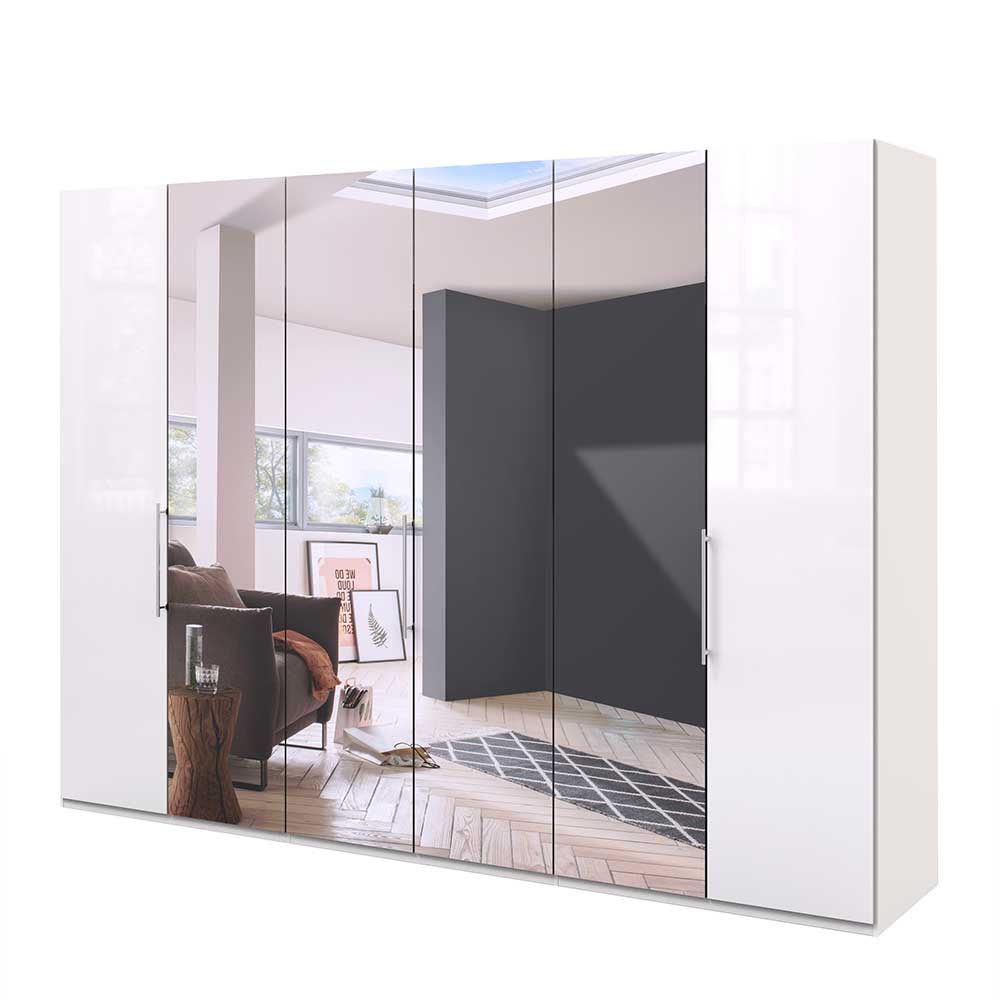 Schlafzimmerschrank mit Spiegel & Glas Front in Weiß mit Falttüren Dolienca
