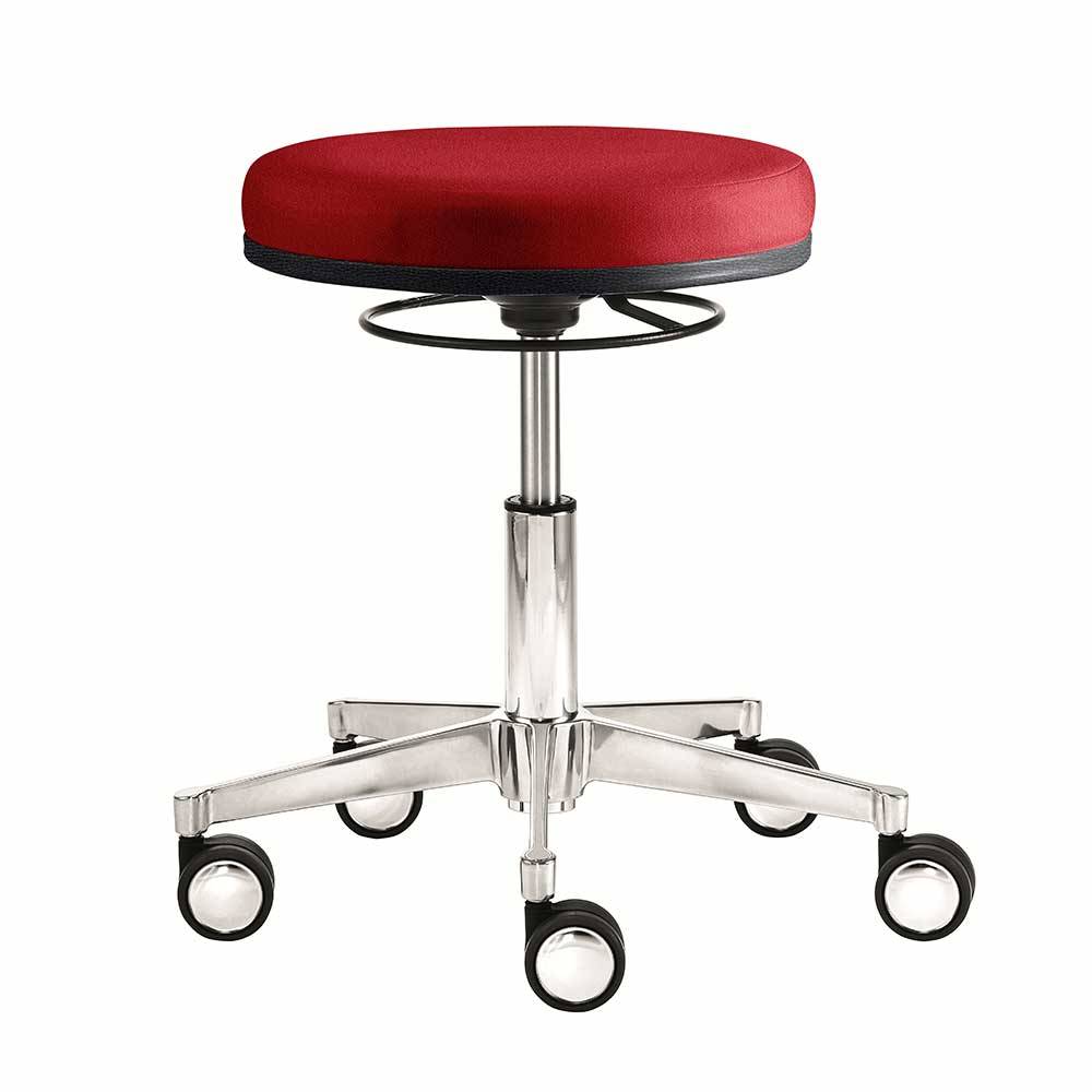 Schreibtisch Hocker mit rundem Stoffsitz in Rot & Alugestell mit Rollen Bagherio