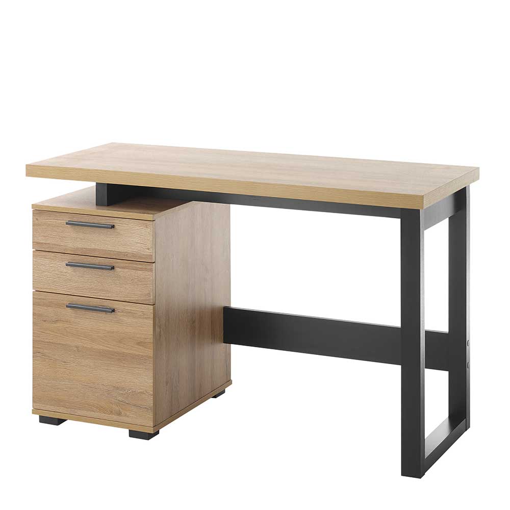 Schreibtisch in Eiche Dekor & Schwarz mit zwei Schubladen & Tür Sakaria