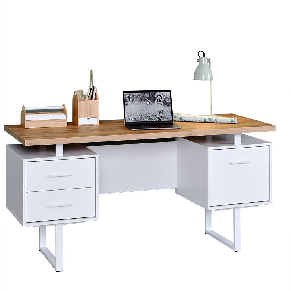 Schreibtisch in Weiß & Eiche Dekor mit drei Schubladen Jake