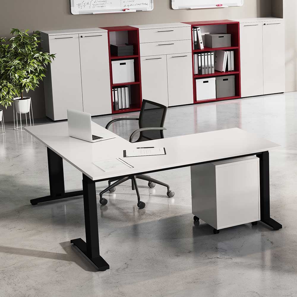 Schreibtisch mit Anbauplatte 193x68x160 cm in Lichtgrau & Schwarz Ofledio
