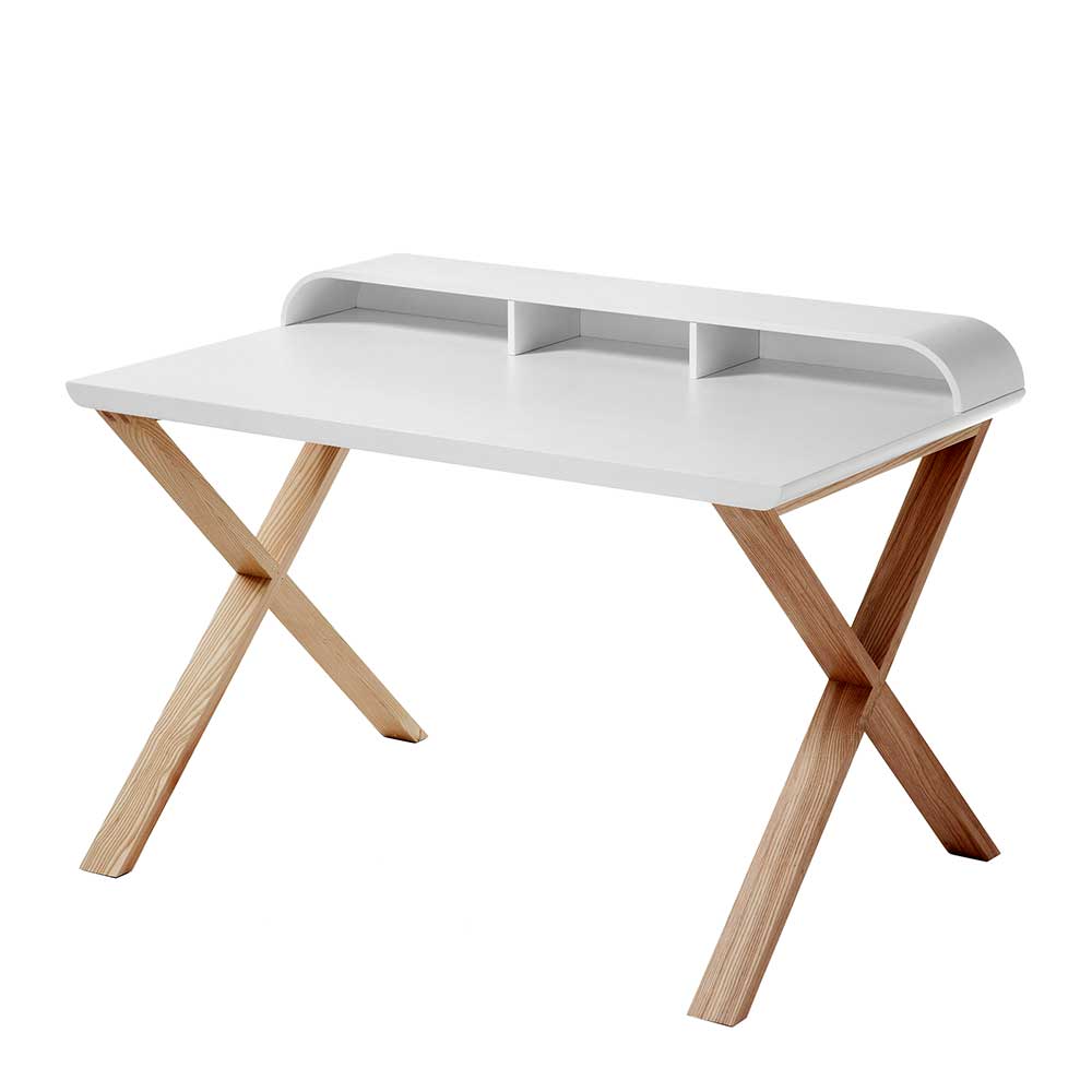 Schreibtisch mit Aufsatz Weiß und Natur MDF Massivholz Esche 120x79cm Kentura