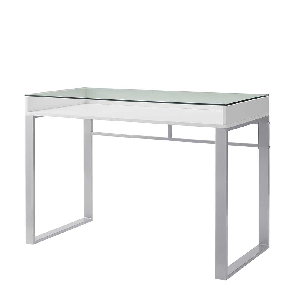 Schreibtisch mit Glasplatte in Weiß & Grau mit Ablagefach - 107x77x51 Hippa