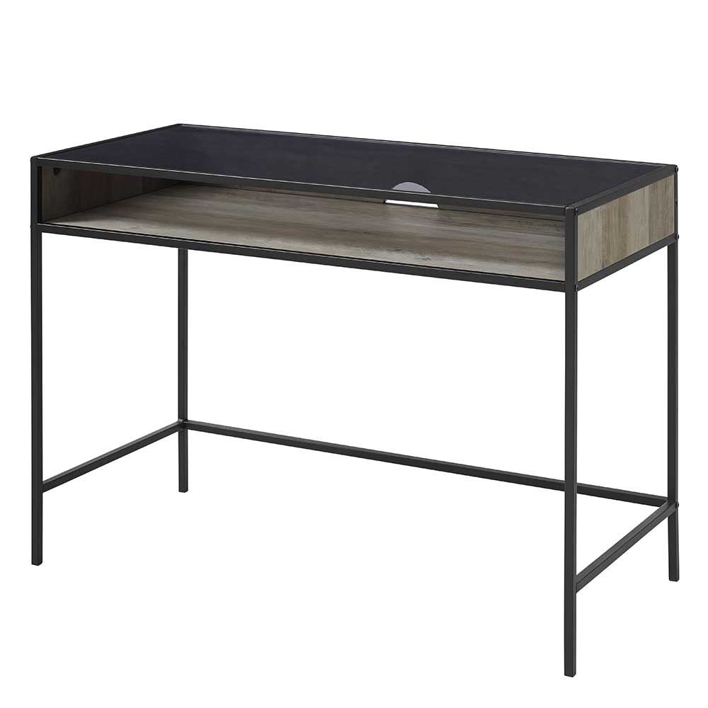 Schreibtisch mit Platte aus Glas & Ablagefach in Grey Wash Holzoptik & Schwarz Gowri
