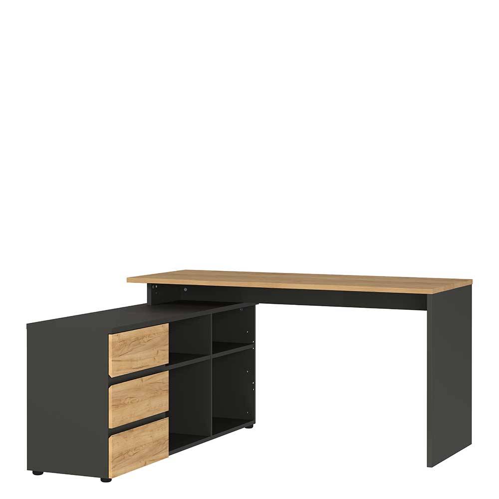 Schreibtisch mit Regal - 4 Fächer & 3 Schubladen in Wildeiche NB & Anthrazit Contrage