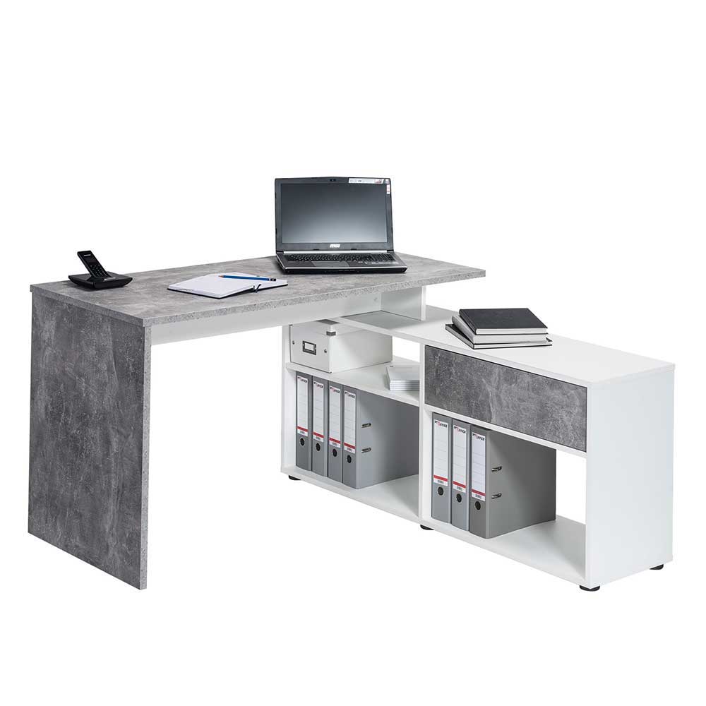 Schreibtisch mit Regal in Beton Dekor & Weiß Kapulka