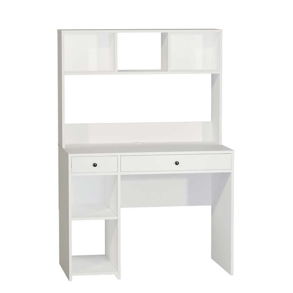 Schreibtisch mit Regalaufsatz in Weiß mit zwei Schubladen Rikada