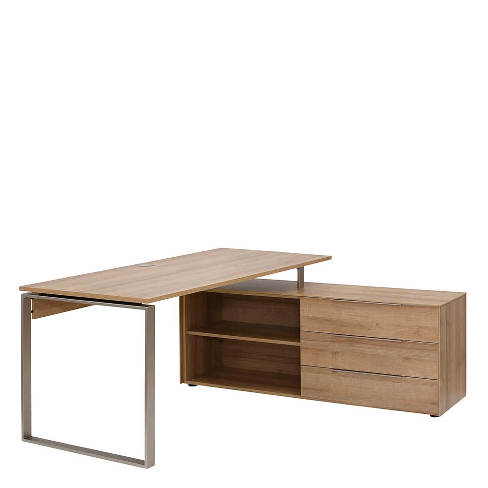 Schreibtisch mit Seitenschrank in Eiche und Nickel - 184x77x159 Focksin