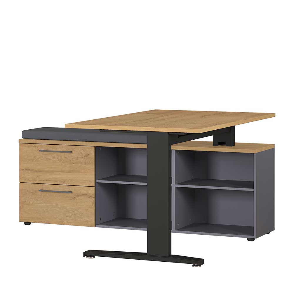 Schreibtisch Regal Kombi mit Sitzpolster in Grau & Wildeiche & Schwarz Ovgunia