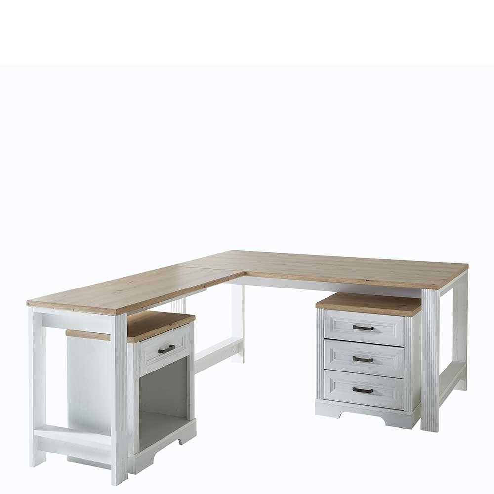 Schreibtisch & Rollcontainer Set - Country Style - Weiß & Eiche Mehady