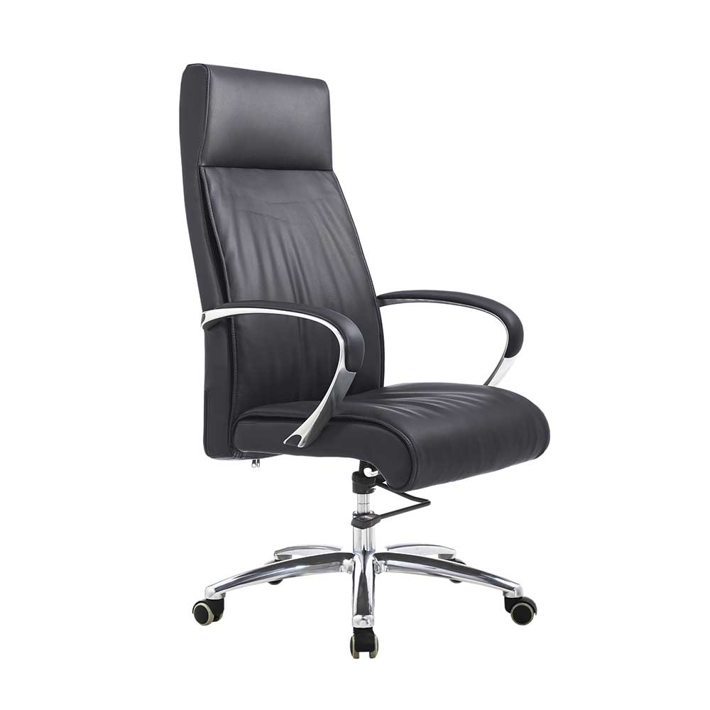 Schwarzer Chef Sessel aus echtem Leder mit hoher Lehne Zita