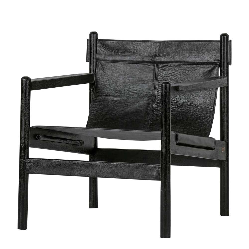Schwarzer Lounge Sessel aus Leder & Holz Akazie - 68x75x72 cm Urezzas