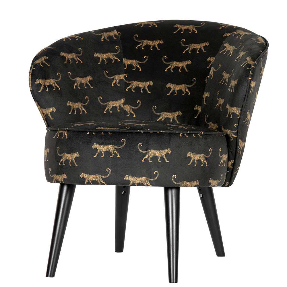 Schwarzer Samt Sessel mit Raubkatzen Print mit Holzbeinen aus Birke Badossa