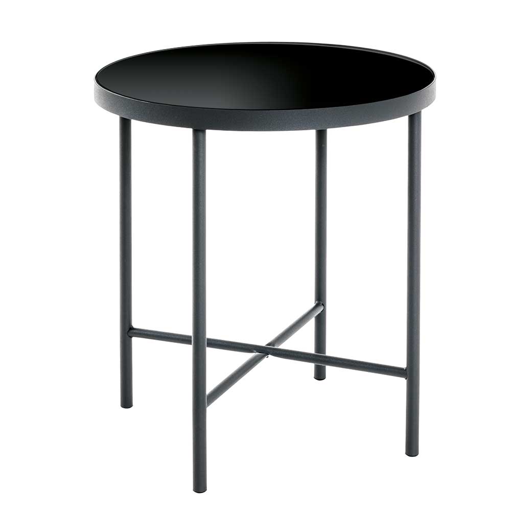 Schwarzglas Beistelltisch mit runder Tischplatte & Stahlgestell in Schwarz Cuyano