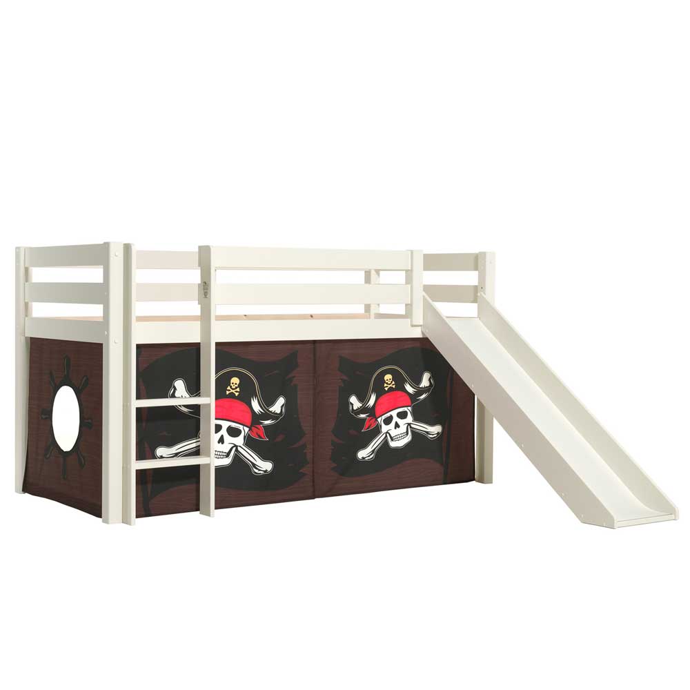 Seeräuber Kinderbett als Hochbett mit Vorhang & Rutsche - aus weißem Holz Enevo