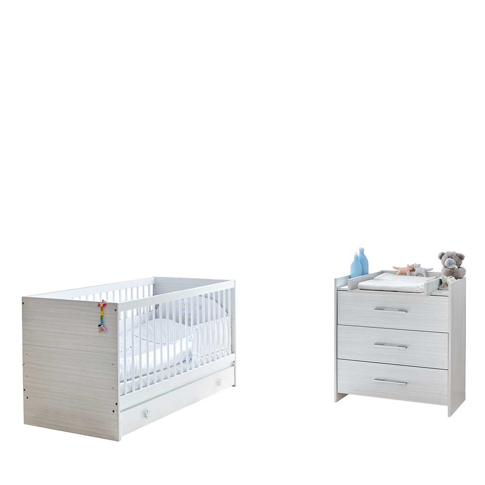 Set Babymöbel in Weiß & Hellgrau - Kinderbett & Wickelkommode Longli