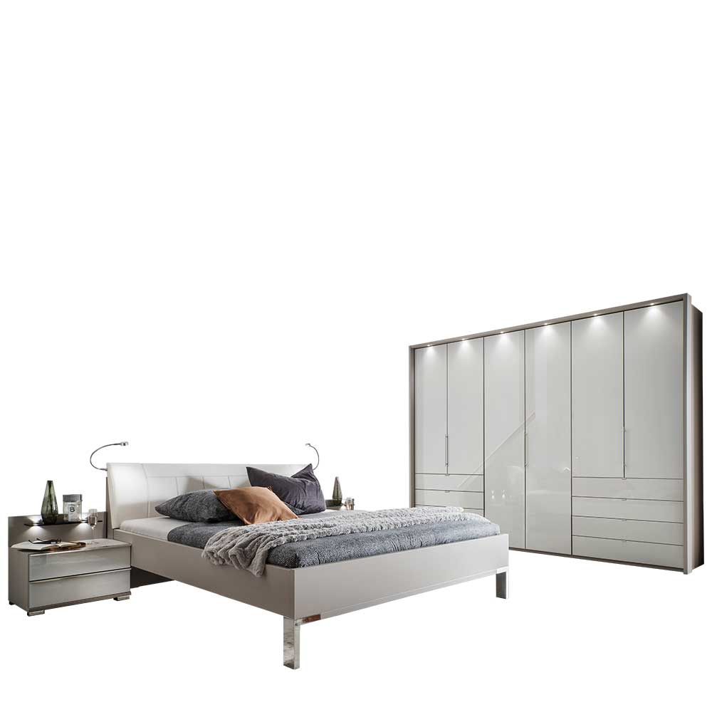 Set Doppelbett & Schrank in Weiß Glas & Grau Nino