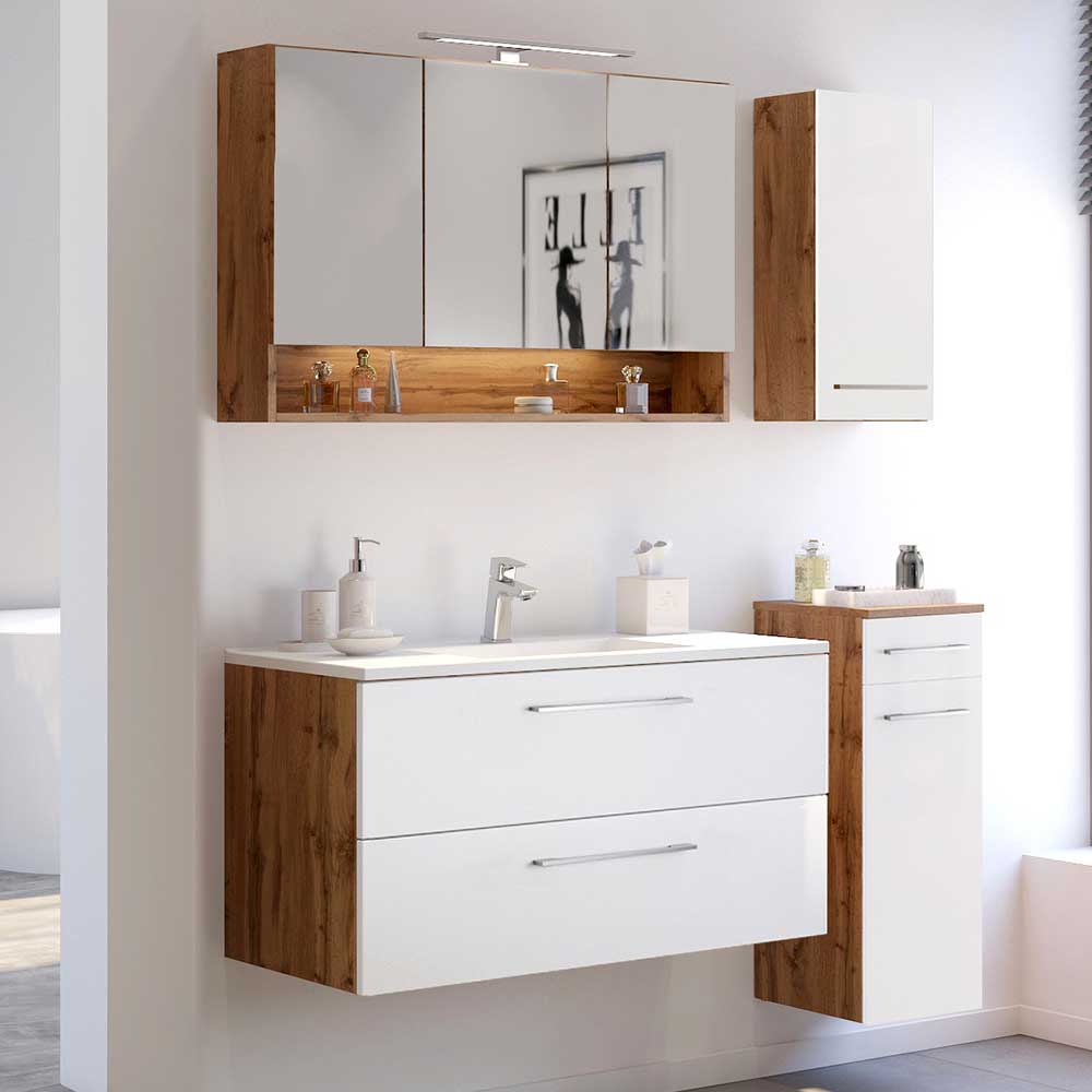 Set Möbel fürs Badezimmer zweifarbig in Weiß & Wildeiche Optik Yazemina