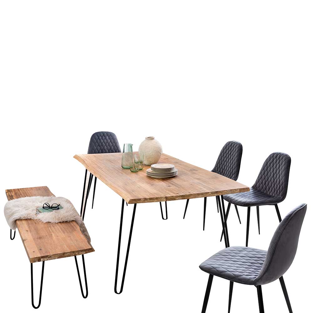 Set Tisch & Bank mit Haarnadel Beinen & 4 Stühle Grau Uniria