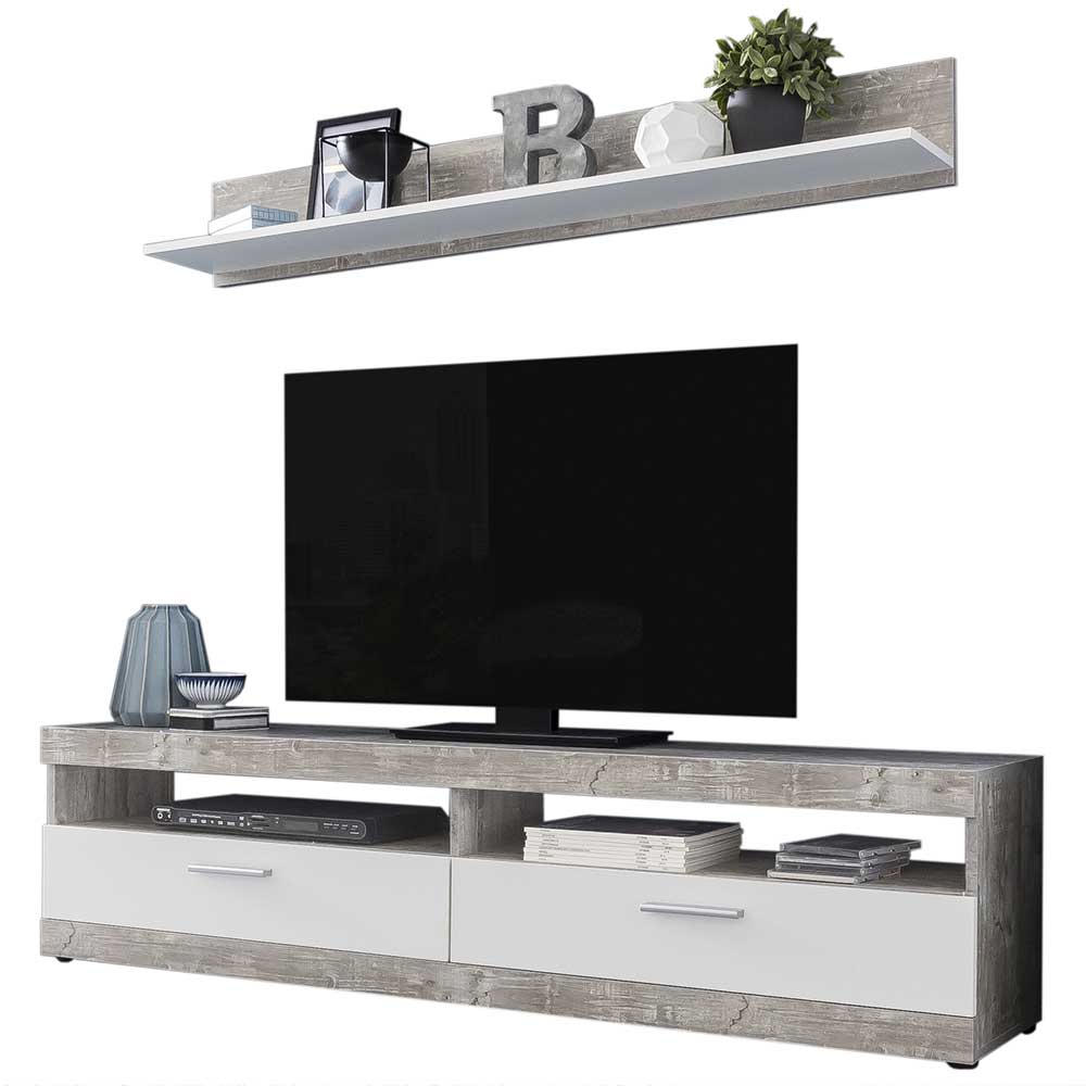 Set TV Unterschrank & Wandboard in Beton Grau & Weiß Envus