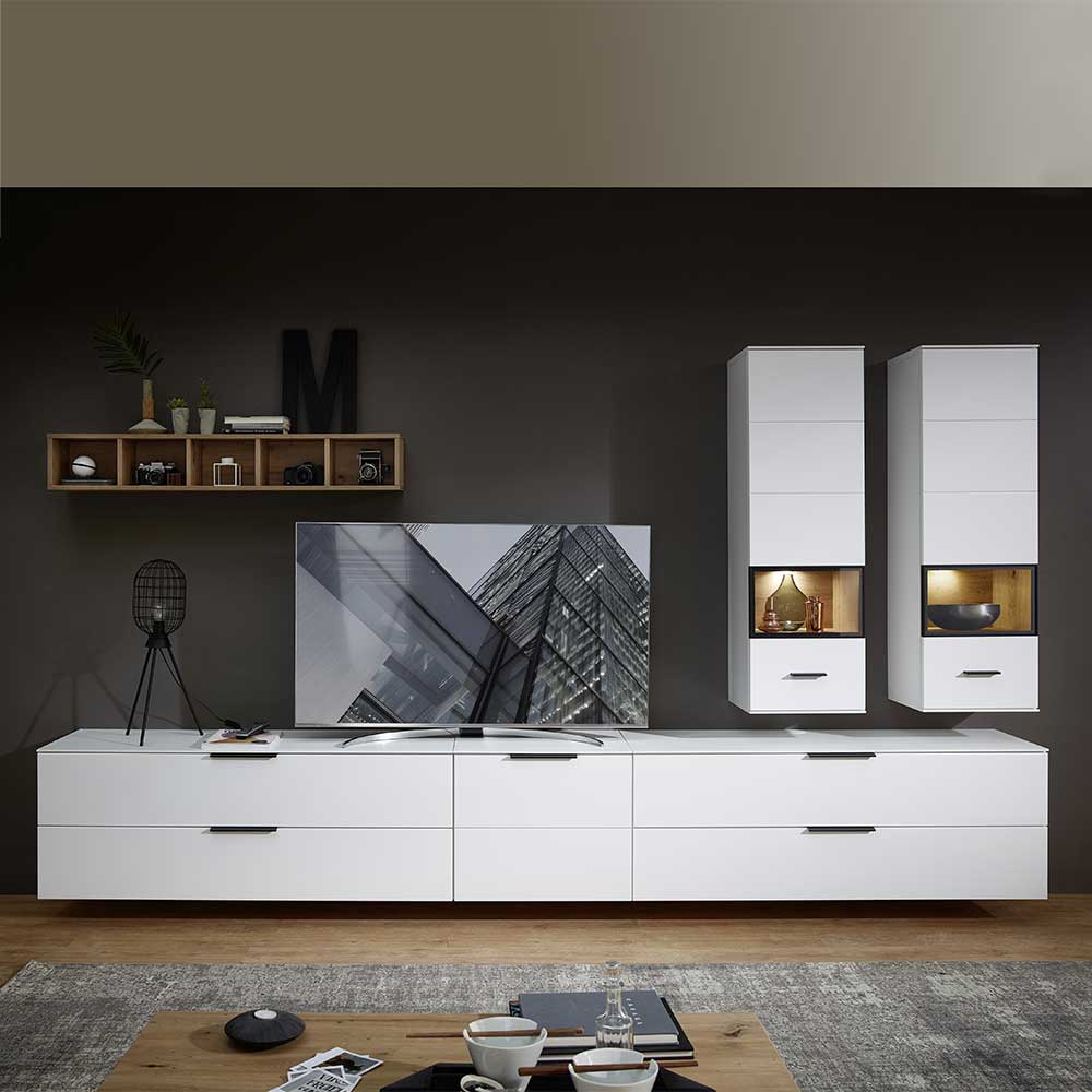 Set Wohnzimmer Anbauwand modern in Weiß mit Wildeiche Nachbildung Risov