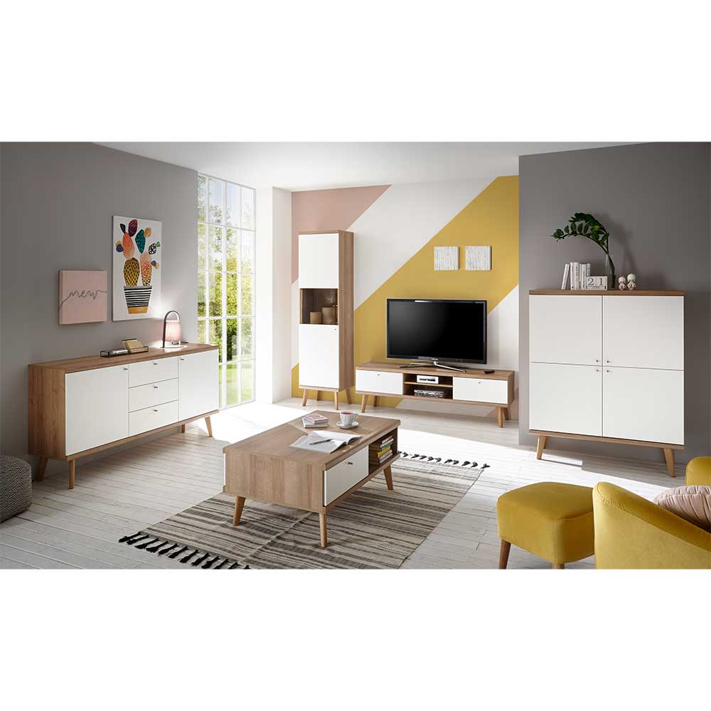 Set Wohnzimmer Einrichtung zweifarbig in Weiß & Eiche Cablos