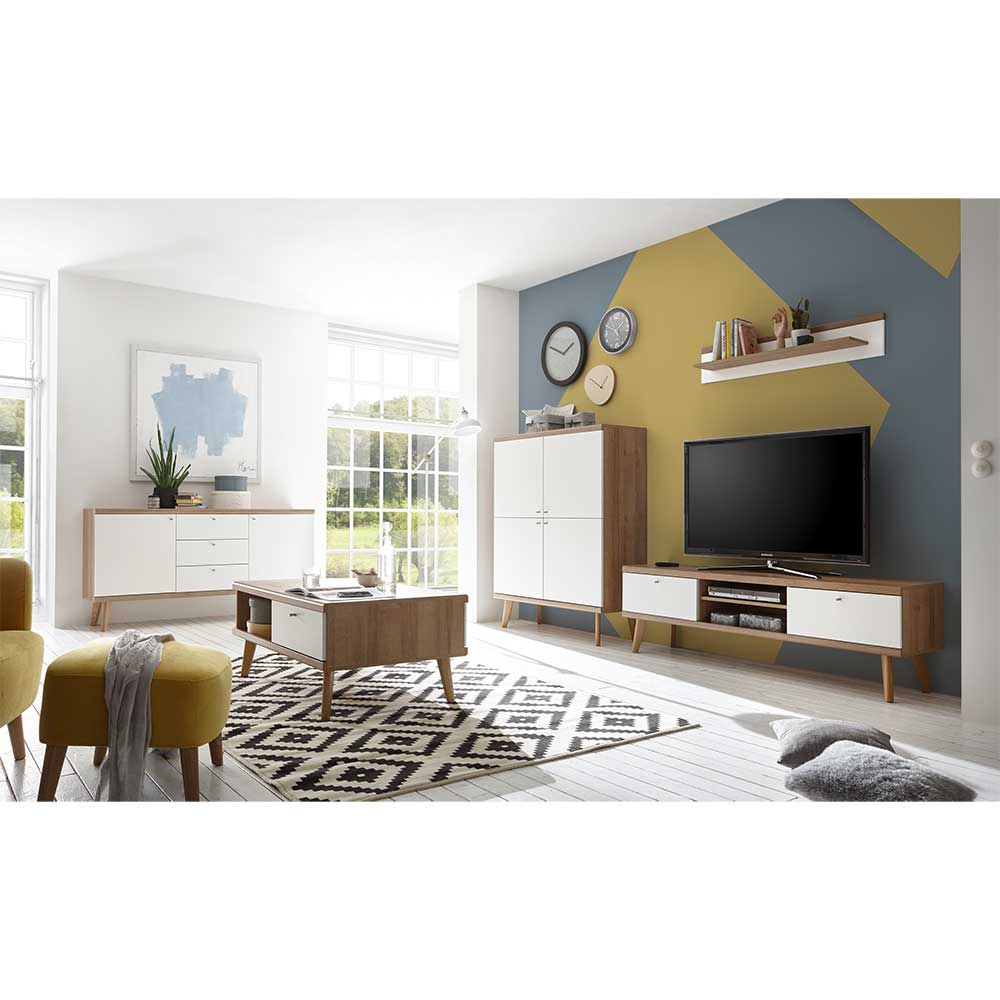 Set Wohnzimmer Möbel mit Sofatisch in Weiß & Eichefarben Cablos I