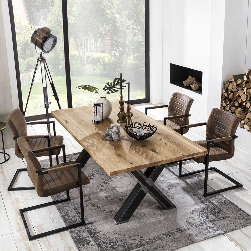 Set X-Fuß Tisch & Kunstlederstühle mit Armlehnen & Schwingfuß Kamma