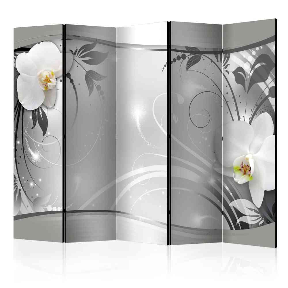 Silberfarbener Paravent mit Orchideen in Weiß bedruckt 225cm breit Mangali