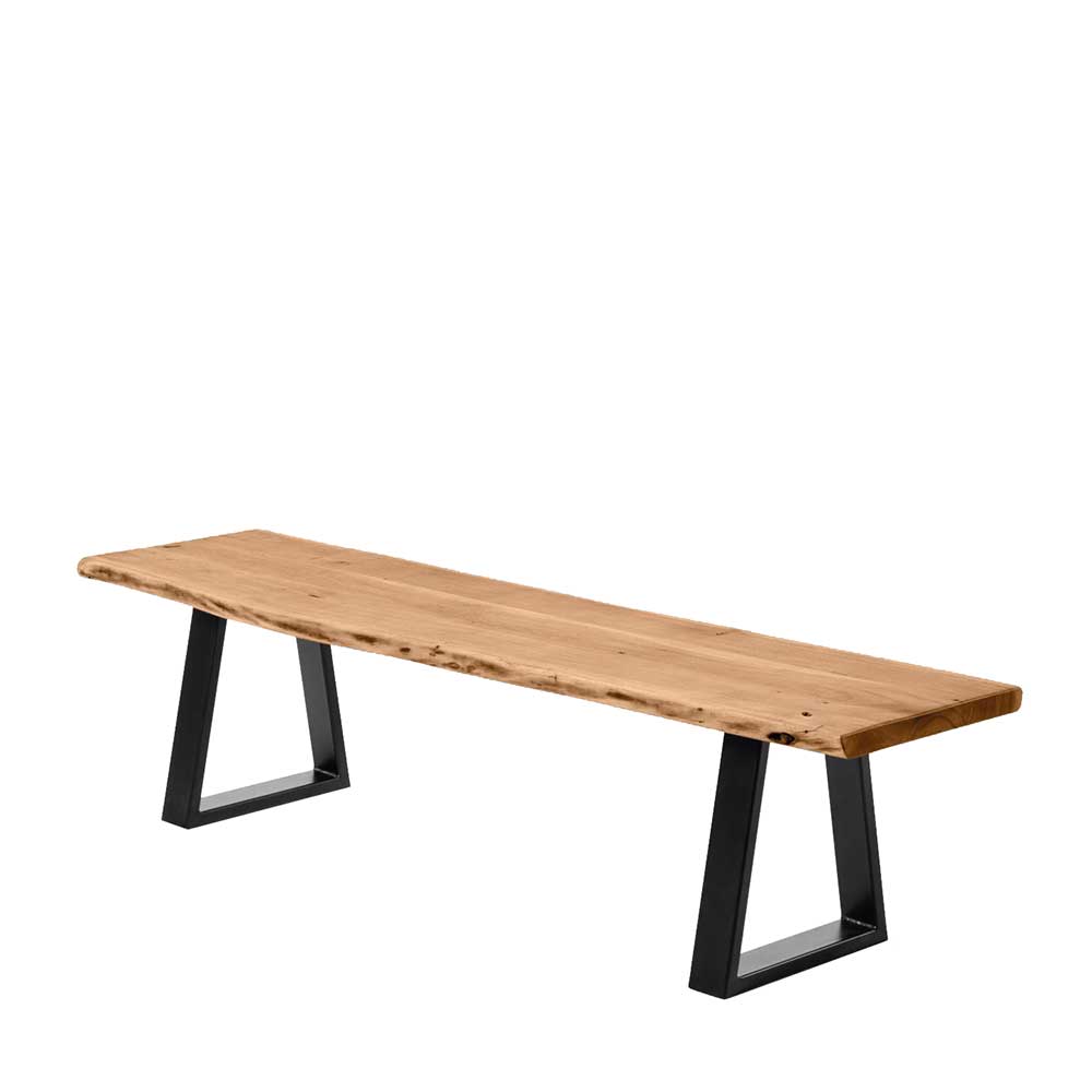 Sitzbank mit Baumkante aus Akazie Massivholz mit Metallfüßen in Schwarz Segin