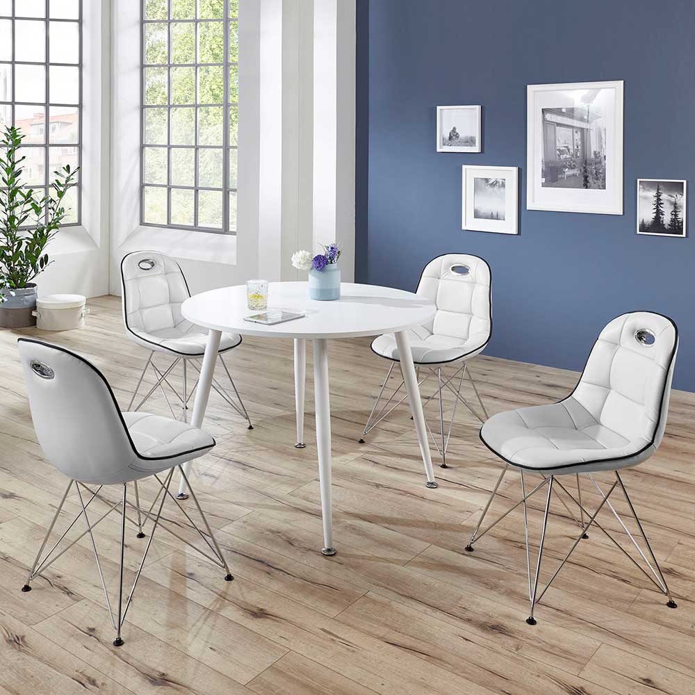Sitzgruppe mit Tisch rund & 4 Stühle in Weiß Wancora