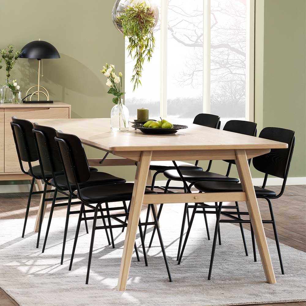 Skandi Esstisch Gruppe mit 6 Stühlen in Holz White Wash & Schwarz Inlean