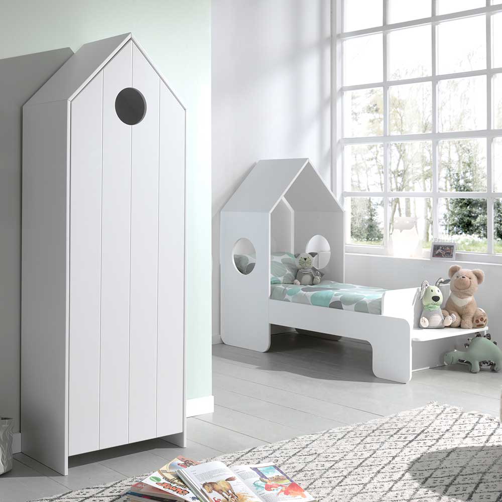 Skandi Kinderzimmermöbel im Haus Design - Bett 70x140 & Schrank - Weiß Indefiva