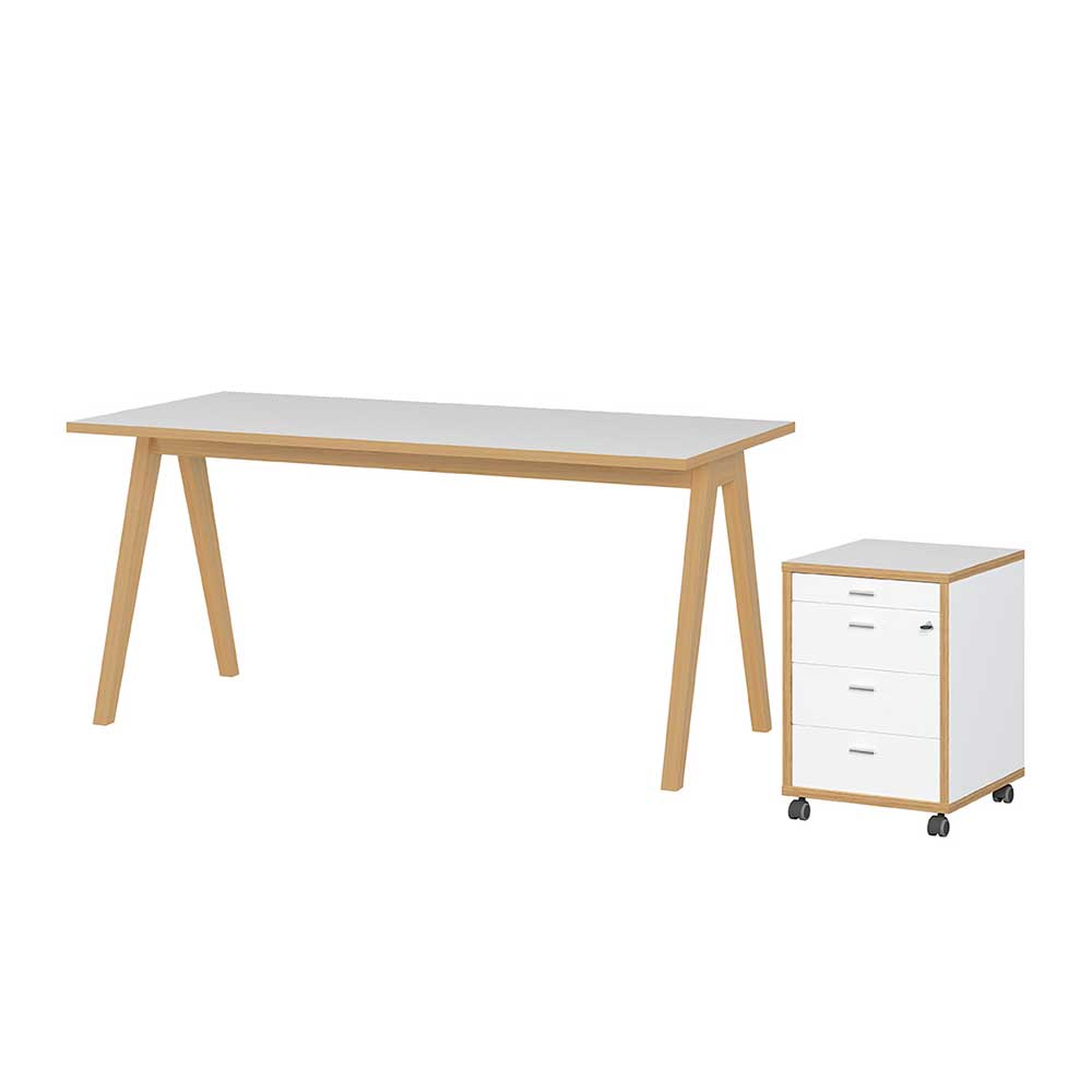 Skandi Schreibtisch mit Rollcontainer in Weiß & Wildeichefarben Pronada
