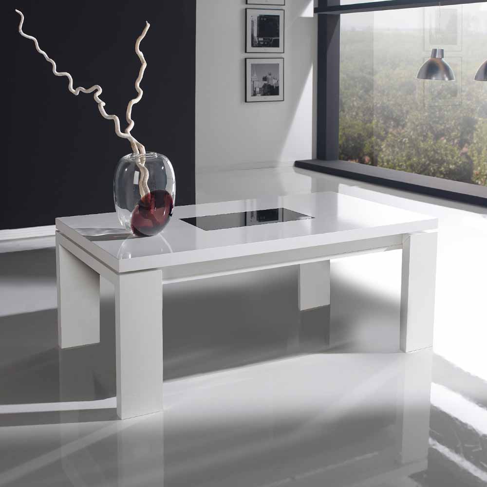 Sofatisch Weiß Hochglanz mit Schwarzglas Tischplatte in der Höhe verstellbar Calcarizo