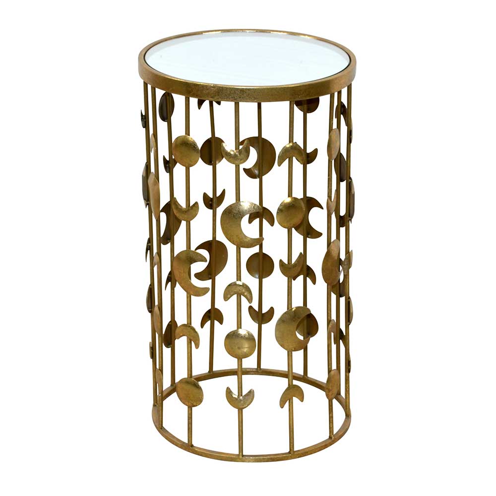 Spiegel Beistelltisch auf Säulengestell mit Monden in Gold aus Metall Teameus